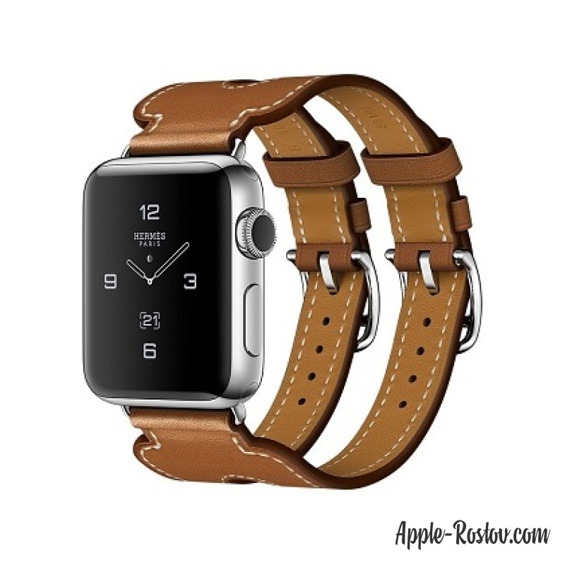 Apple Watch Hermes 38 mm silver/Cuff in leather Barenia Fauve color with double buckle Apple Watch Hermes 38 mm silver/Cuff in leather Barenia Fauve color with double buckle
